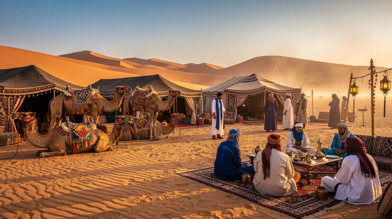 The image depicts nomadic tents and camels gathered at a vibrant desert festival near the Sahara dunes, showcasing elements of Moroccan culture and traditional music. This unique festival celebrates the nomadic heritage and cultural diversity of the region, attracting visitors to experience lively performances and local customs.