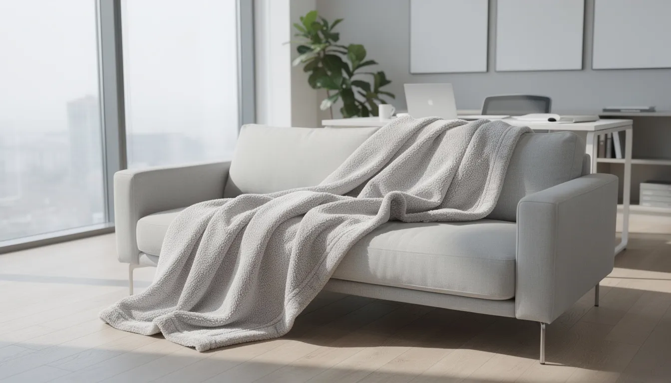 Na jasnej sofie w nowoczesnym biurze leży przytulny koc polarowy, który emanuje ciepłem i komfortem. Koc z własnym nadrukiem może być doskonałym prezentem, idealnie wpisującym się w unikalny styl wnętrza.