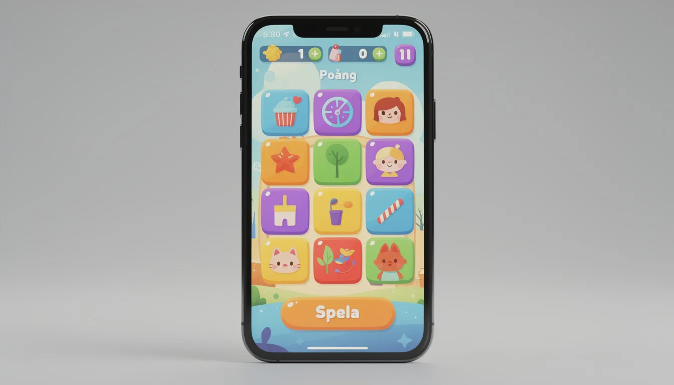 En smartphone visar ett färgglatt spelgränssnitt med olika symboler och funktioner, mot en neutral bakgrund. Denna bild illustrerar en typisk spelupplevelse med gamomat slots, där spelare kan njuta av titlar som "Ramses Book" och "Book of Madness".