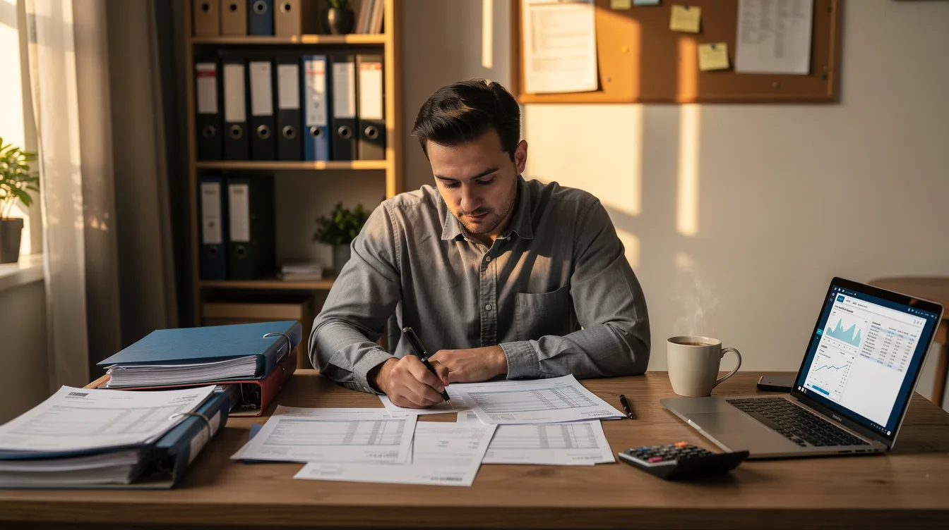 3efccc9b b5ee 419c a760 af074f960f78 A small business owner is seated at a desk, meticulously reviewing financial documents and papers, including a detailed project report that outlines their business overview and financial projections for a mudra loan project. The cluttered desk suggests a busy environment, with various papers related to cash flow and market analysis spread out for careful consideration.