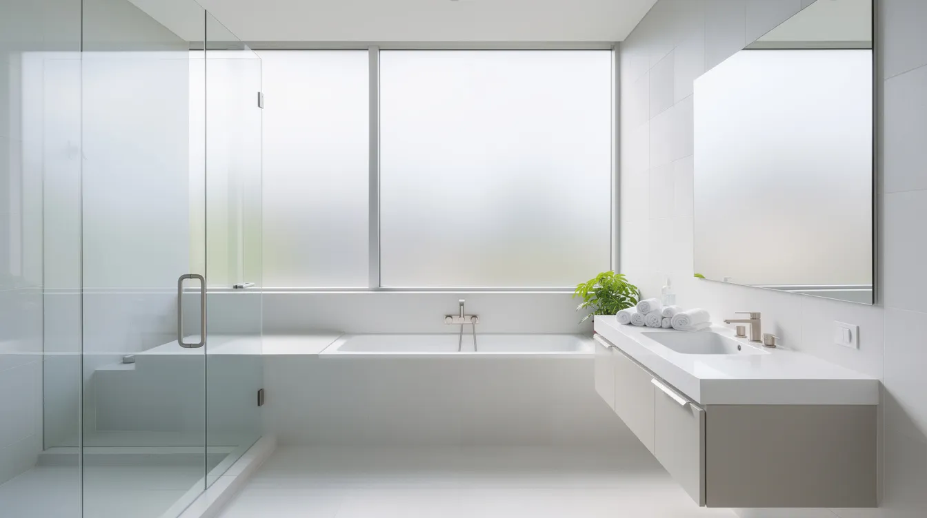 The image depicts a bright, modern bathroom featuring a large window with frosted smart glass technology that softly filters daylight, providing both natural light and instant privacy. The elegant design of the space emphasizes energy efficiency and a sleek appearance, making it a perfect solution for homeowners seeking innovative glass options.