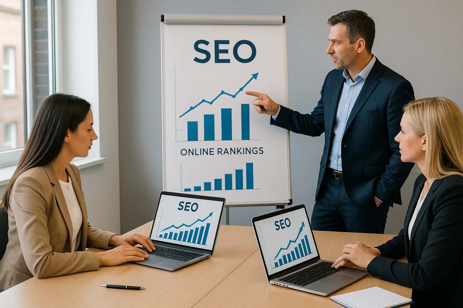 Team in Chester or Warrington reviewing SEO analytics to improve reputation and digital visibility for professional services.