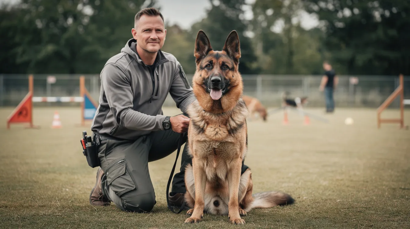 The image depicts a German Shepherd dog in a training session, showcasing its strong will and high intelligence, reflecting the breed's protective instincts and need for mental stimulation. Surrounded by various training equipment, the scene emphasizes the importance of early socialization and consistent training for well-rounded dogs.