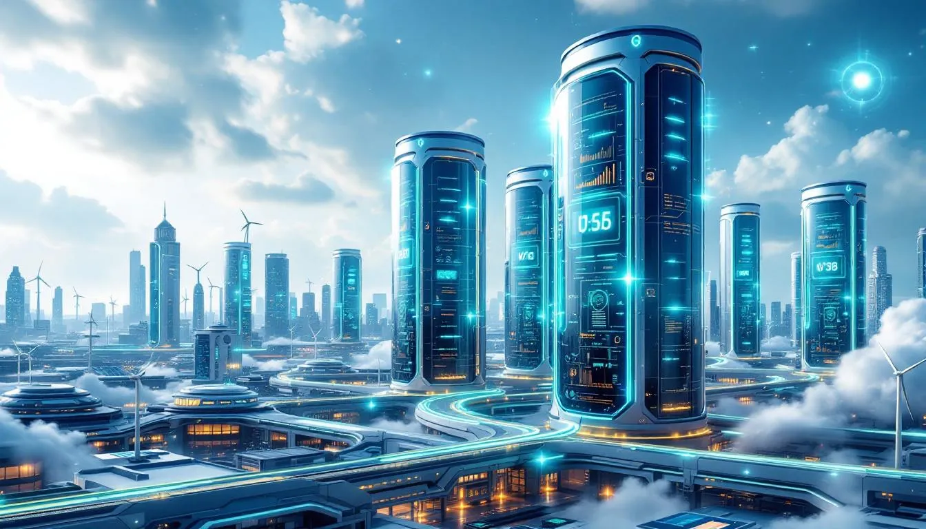 An illustration depicting the surge in data center power demand with visual elements representing energy consumption and infrastructure.