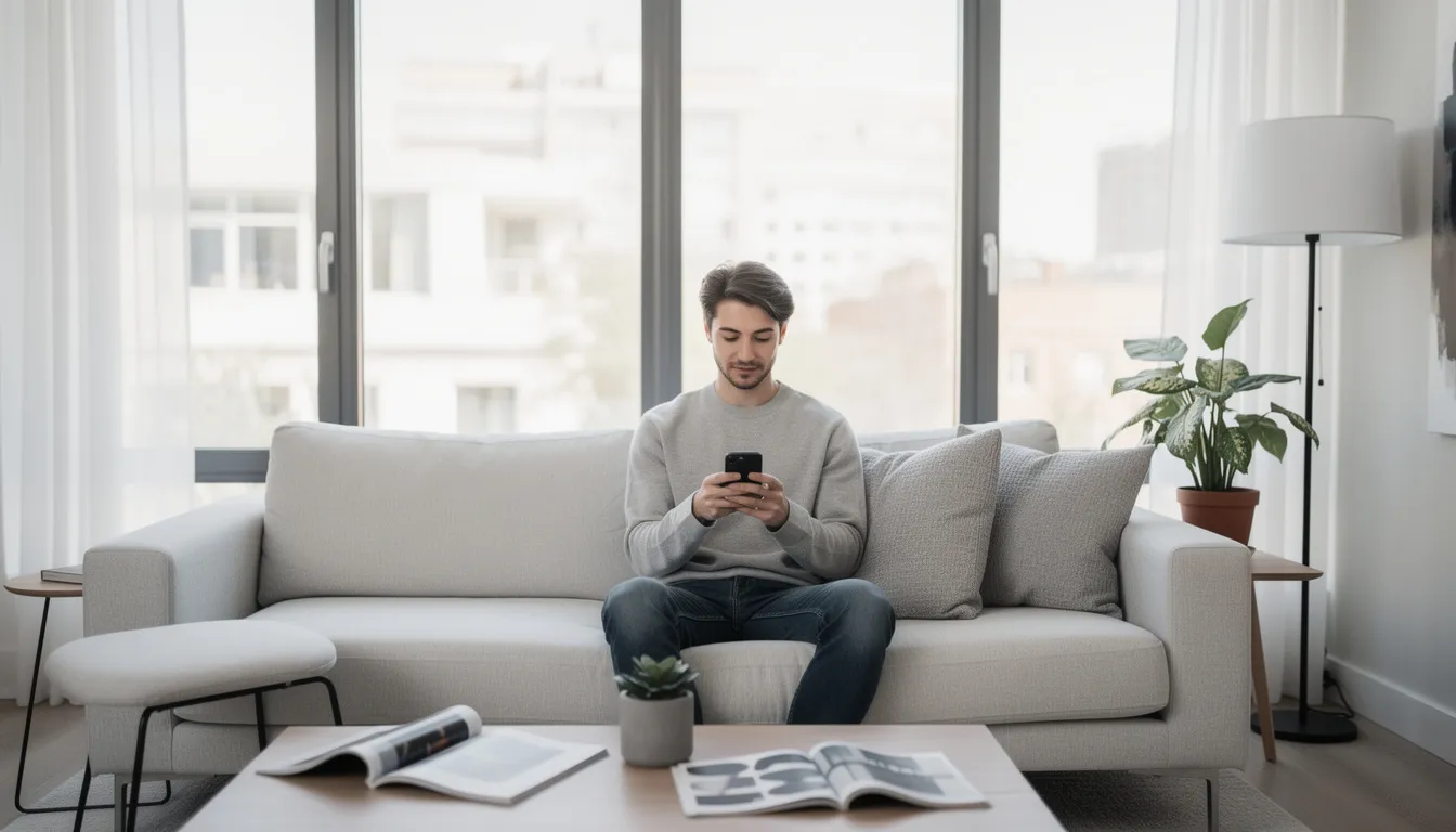 A person is sitting comfortably in a modern apartment living room, checking their smartphone, which reflects the importance of effective communication in enhancing resident satisfaction. This scene highlights how digital tools can help property managers address concerns and ensure residents feel heard, fostering a stronger sense of community.