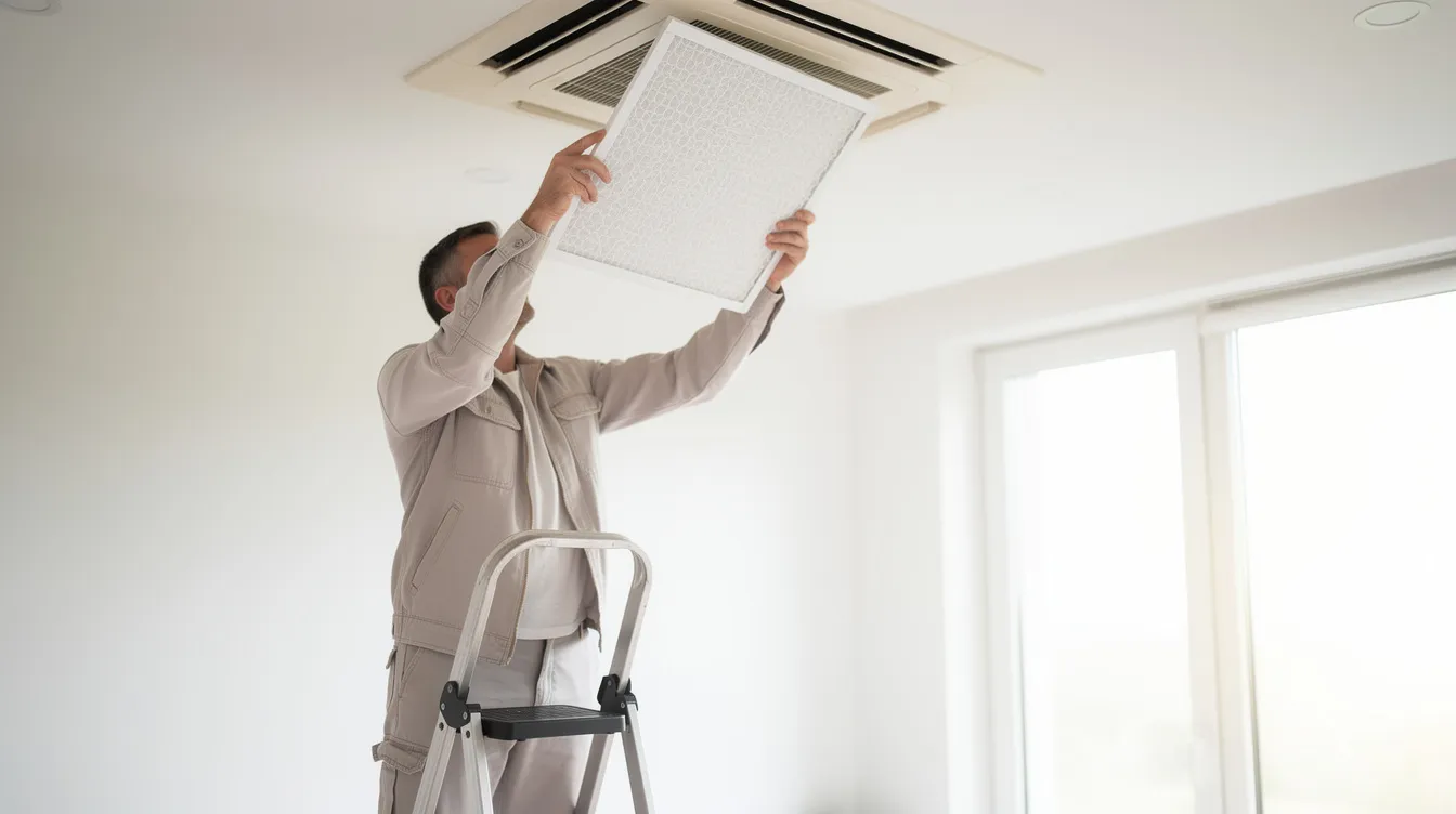 En person skifter et hvidt ventilationsfilter i et lyst rum, hvilket er vigtigt for at opretholde et sundt indeklima. Dette bidrager til effektiv ventilation og sikrer, at der tilføres frisk indblæsningsluft til hele boligen.