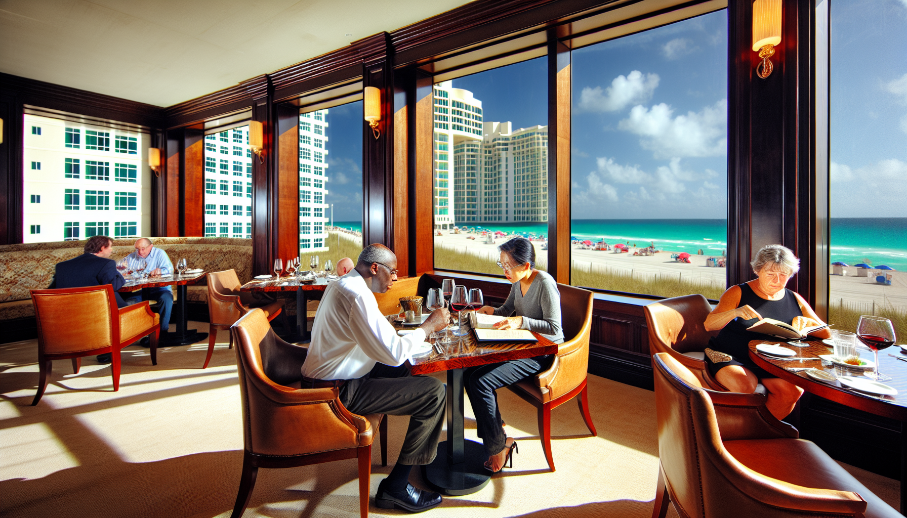 A bustling dining room with a view of Fort Lauderdale beach