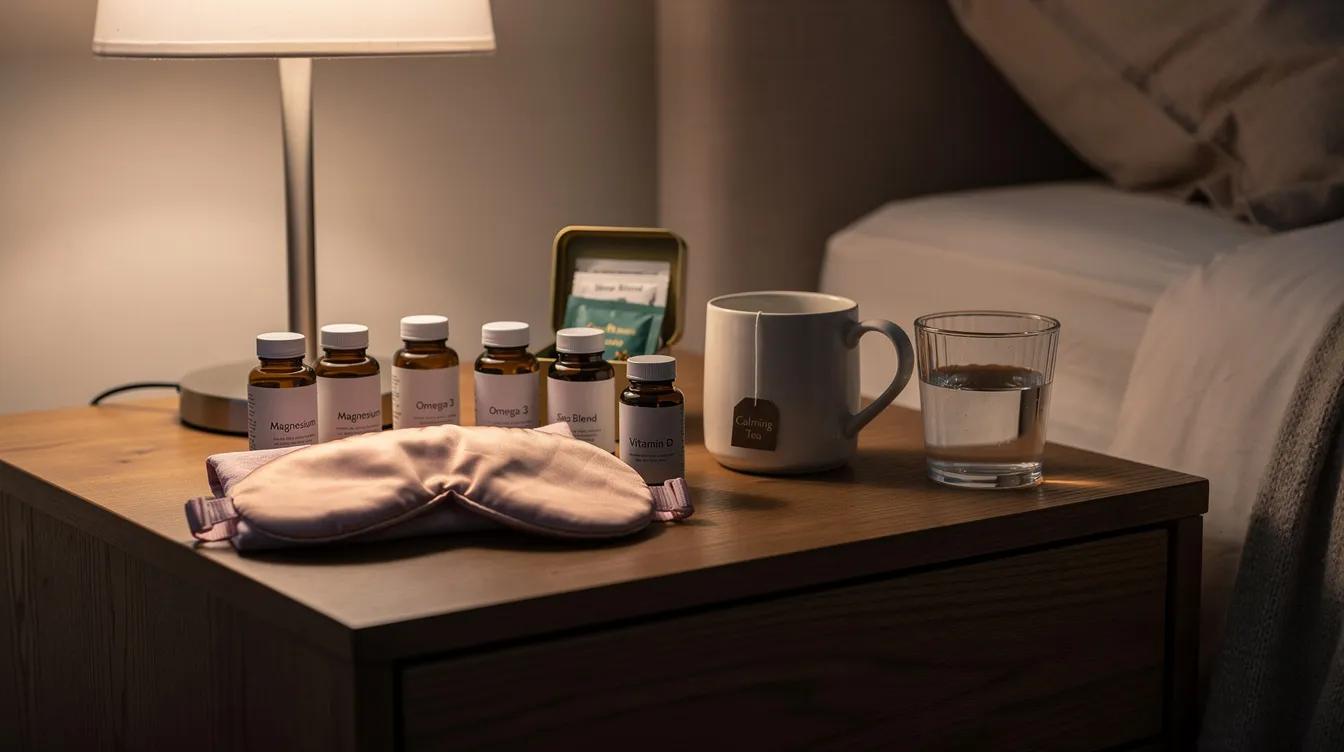 The image showcases a nightstand adorned with various wellness items, including supplements, a soothing eye mask, and a calming tea, all aimed at promoting better sleep quality and restful sleep. These items reflect the growing trend of sleep optimization and self-care practices to enhance sleep health and overall well-being.