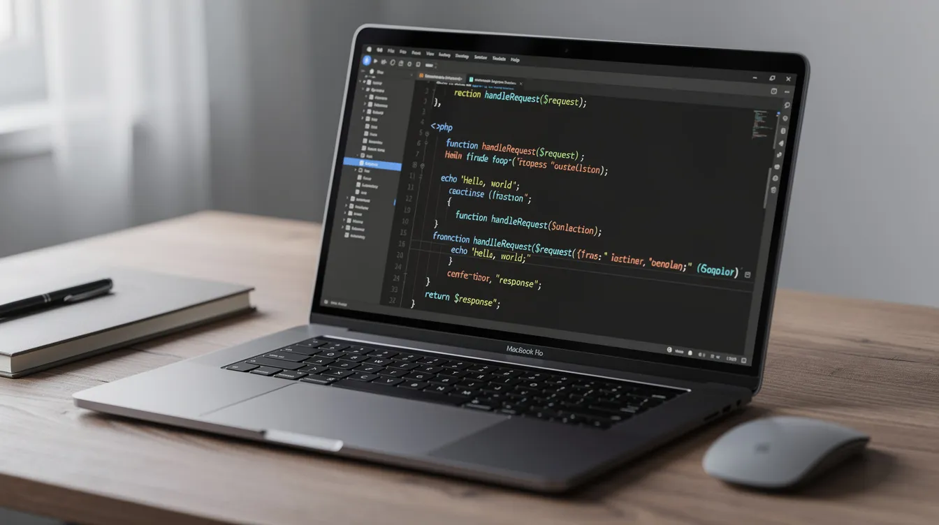 A laptop computer sits on a desk, displaying lines of PHP code in a dark-themed editor, which may be used for creating custom post types in WordPress. The screen highlights the coding environment, suggesting a focus on web development and content management.