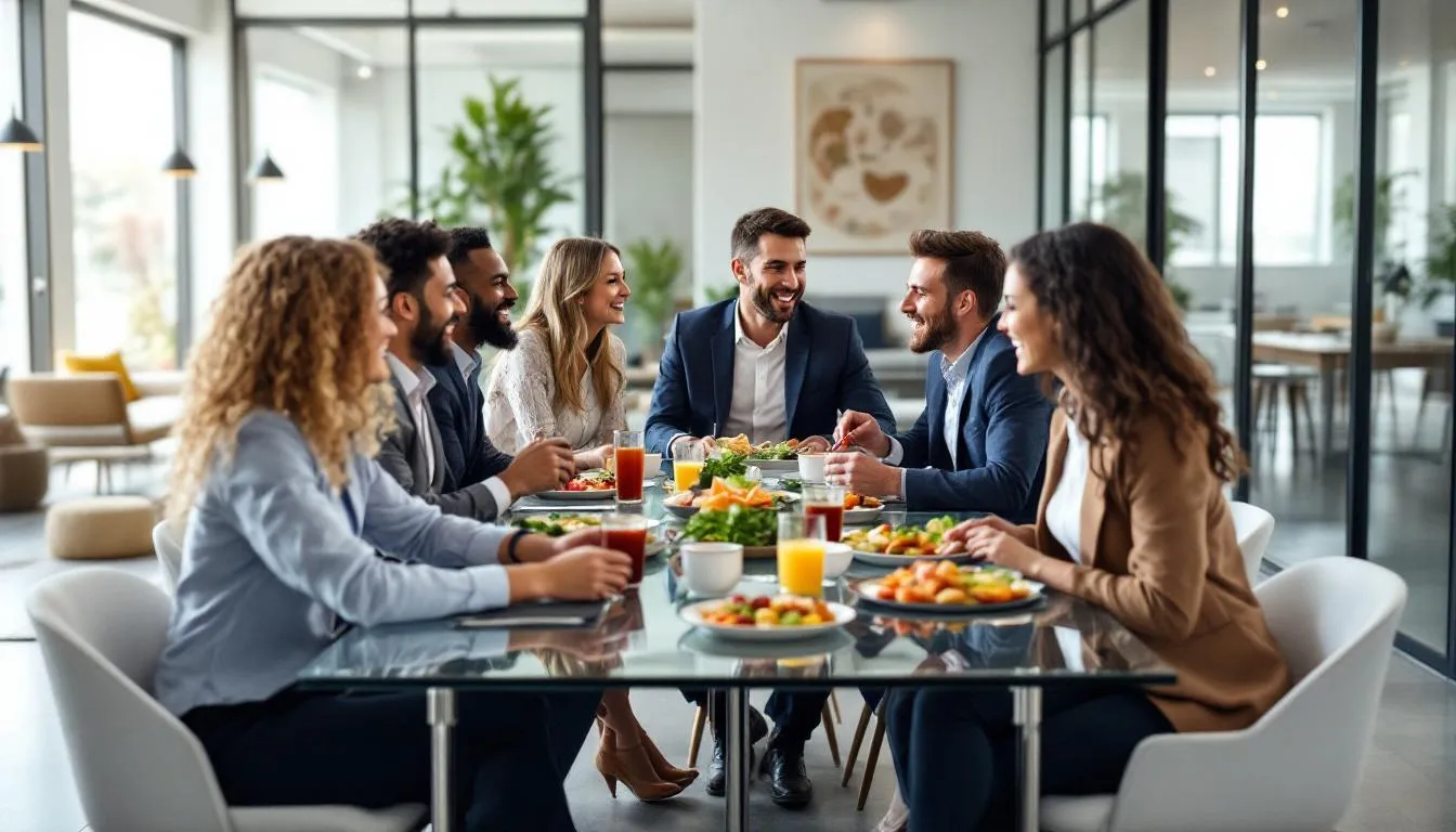 A professional office team is gathered around a modern workspace, enjoying a delicious catered lunch featuring quality food and fresh ingredients. The atmosphere is lively as employees share positive feedback about the office catering services, highlighting the convenience and exceptional taste of the meals provided for their corporate event.