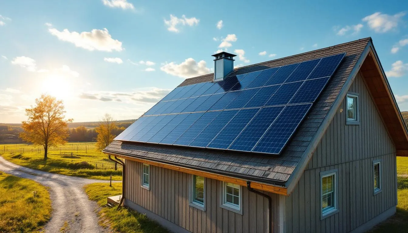 Des panneaux solaires sont installés sur le toit d'une maison située en milieu rural québécois, illustrant l'utilisation de l'énergie solaire photovoltaïque pour la production d'électricité. Cette installation contribue à la transition vers des énergies renouvelables dans la région.