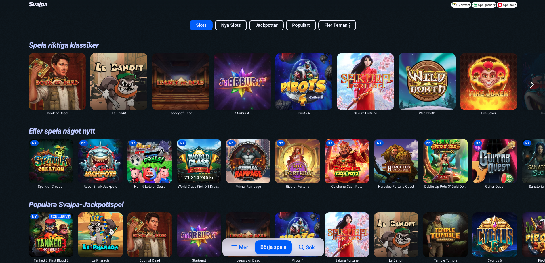 Spelutbud hos Svajpa Casino med populära slots som Book of Dead, Starburst, Pirots 4 och Razor Shark Jackpots.