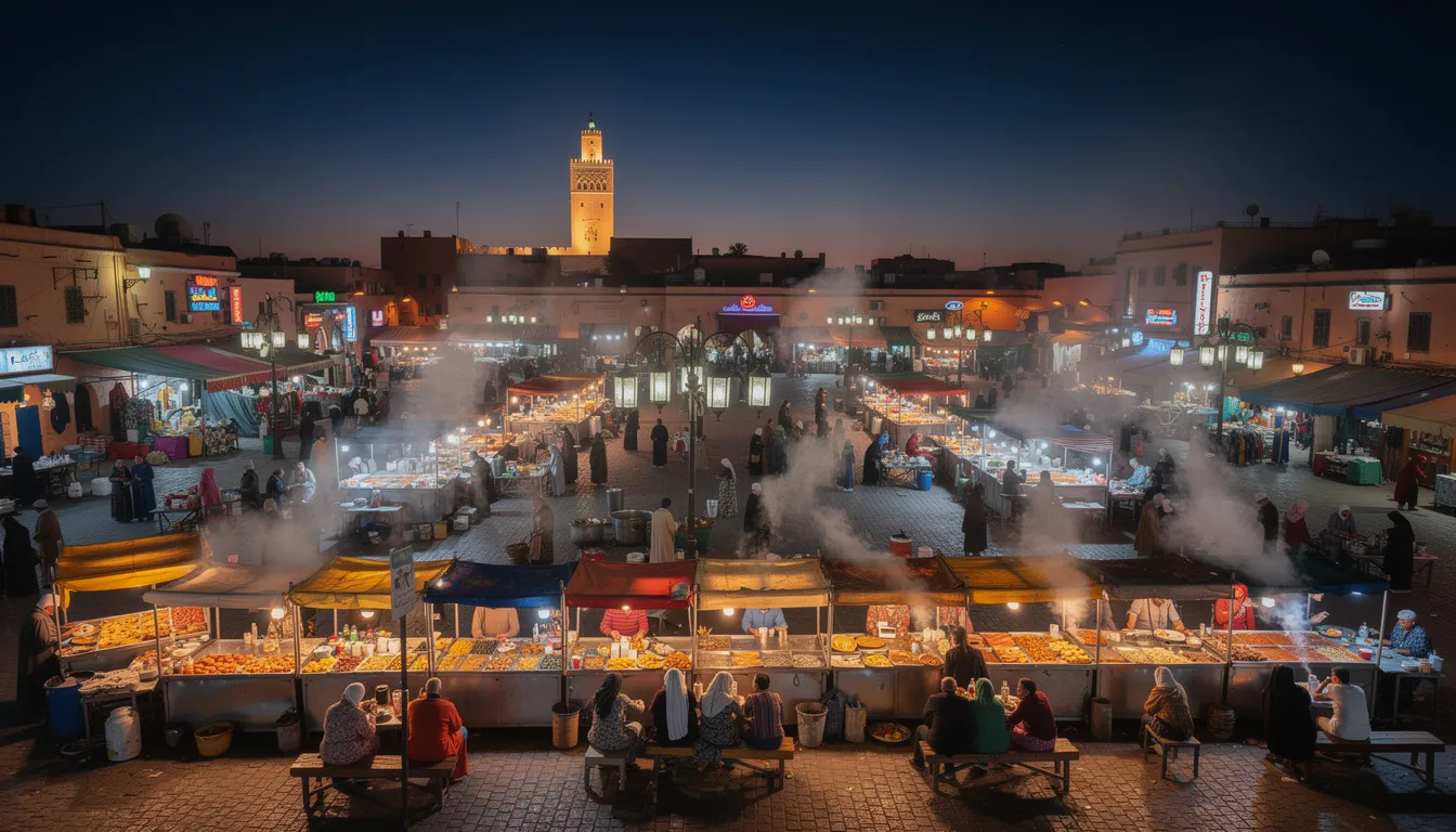 The image depicts Jemaa el-Fnaa square in Marrakech at night, bustling with crowds gathered around vibrant food stalls, where steam rises from delicious Moroccan dishes under the glow of lights. This lively scene captures the essence of Moroccan culture and the vibrant city atmosphere, making it a highlight for anyone visiting Marrakech.