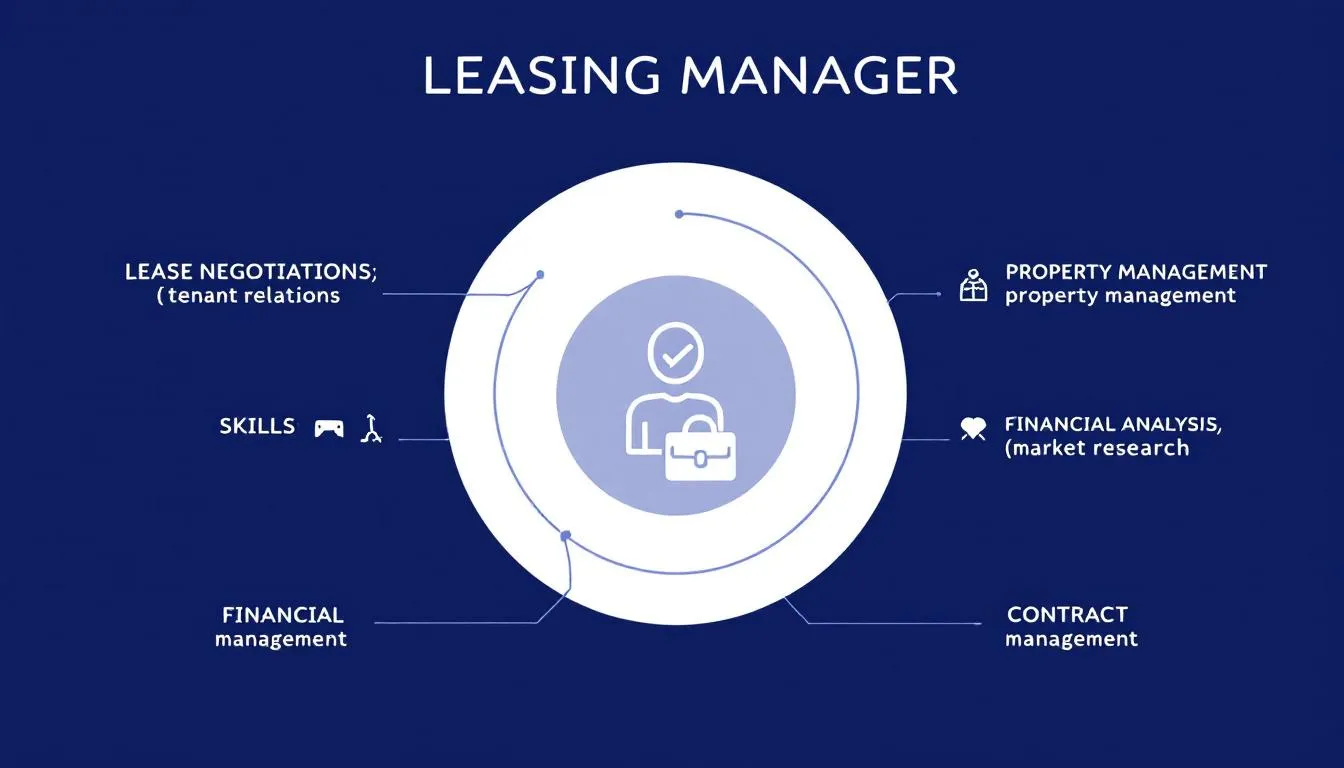 The image illustrates key skills essential for a leasing manager resume, featuring icons and text related to property management, tenant relations, and successful lease negotiations. It highlights important aspects such as maintaining high occupancy rates, excellent customer service, and innovative leasing strategies, aimed at attracting the attention of hiring managers and job seekers in the real estate industry.