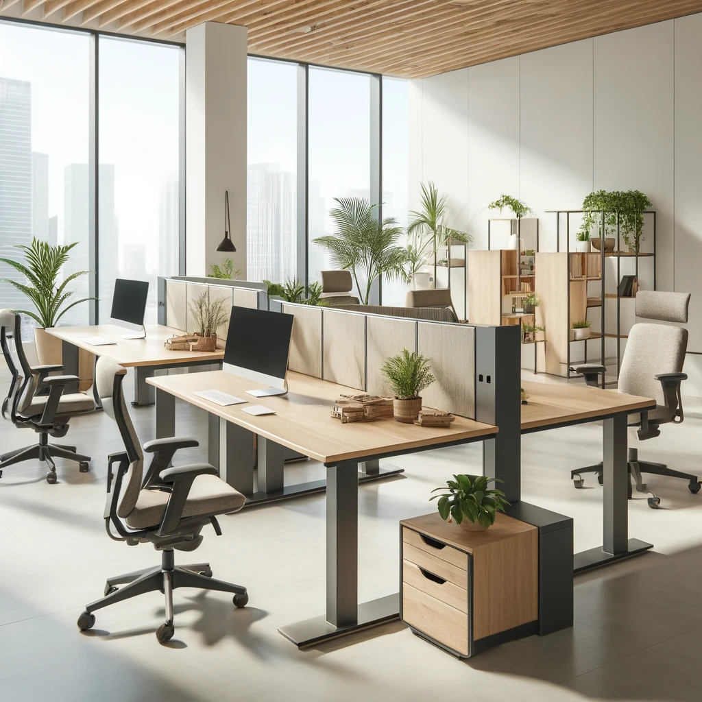 adjustable standing desks made from recycled materials, ergonomic chairs with eco-friendly fabrics, and modular storage units, all set in a clean, contemporary office environment with natural light and plants.