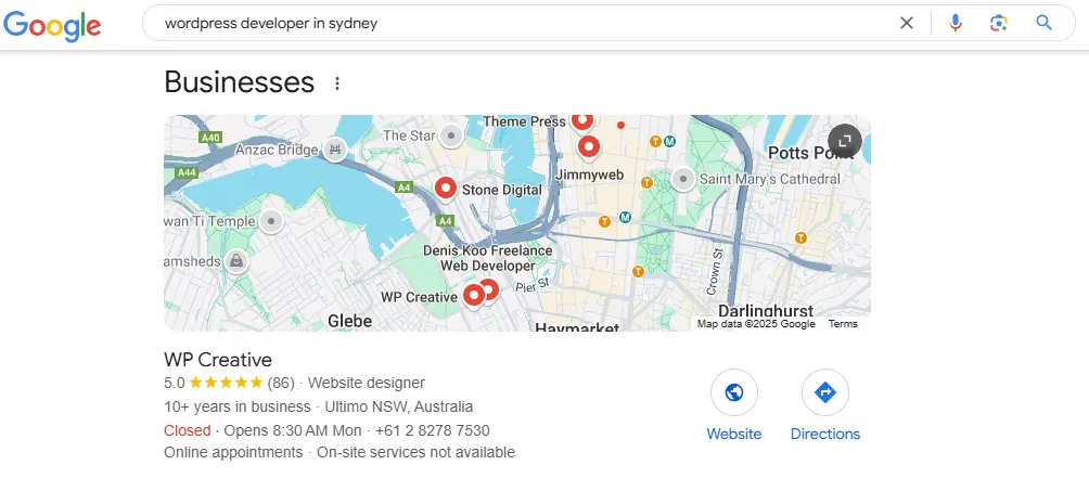 Local search results for keyword "wordpress developer in sydney"