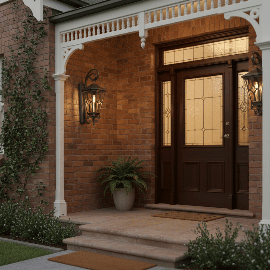 Vintage outdoor wall lantern with bronze finish and glass panels mounted beside a front door, classic vintage lighting idea for a porch.