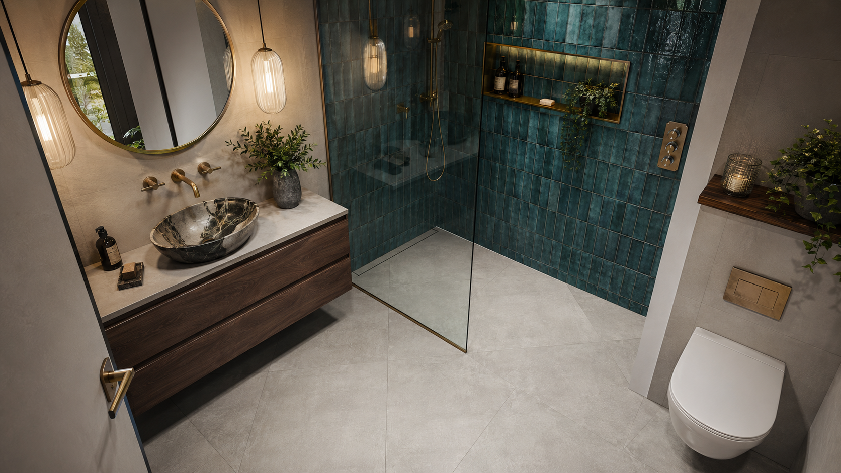 Diagonal gray tile floor in a luxury bathroom with a teal shower wall and walnut vanity.