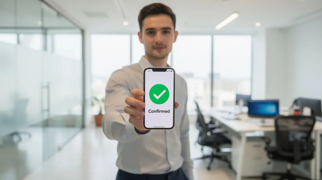 A person stands in a modern office, holding a mobile phone displaying a confirmation checkmark, symbolizing successful international payments. This image highlights the ease of using digital payment services for businesses to manage local bank accounts and facilitate cross-border transactions.