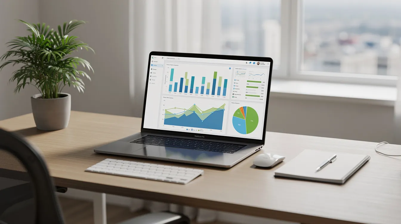 The image depicts a professional workspace featuring a laptop with charts and graphs that likely represent customer data and sales performance metrics, essential for sales professionals and marketing teams to create personalized sales presentations. This setup emphasizes the importance of analyzing data to address specific challenges and enhance the sales process.