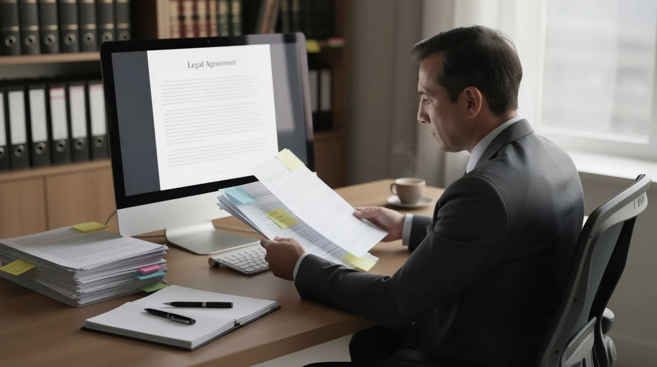 Professional reviewing legal documents at a desk with a computer displaying a legal agreement, surrounded by organized paperwork and a coffee cup, emphasizing family law processes.