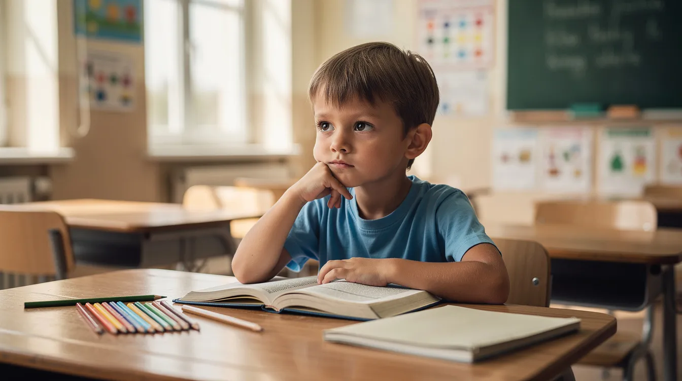 A thoughtful child sits at a school desk, gazing at an open textbook surrounded by colored pencils, reflecting on their learning. This scene highlights the importance of supporting children with various learning difficulties, such as those with autism spectrum disorder, as they develop their communication and reading skills in a primary school setting.