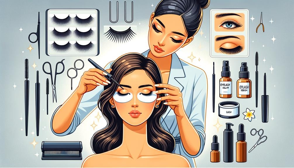 A woman receiving a professional eyelash extension treatment in a beauty salon, surrounded by various tools and products for eyelash care, including eyelash serum, eyelash brushes, and artificial lashes.