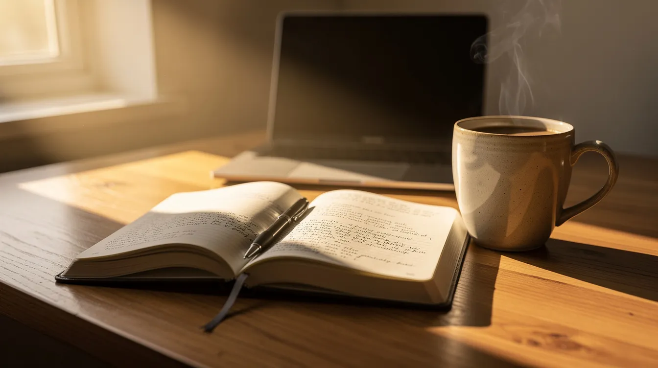An open journal sits on a wooden desk alongside a steaming cup of coffee, bathed in soft morning light, symbolizing mental clarity and focus. This serene scene encourages mindfulness and self-awareness, offering a moment to regain control over negative thoughts and manage overthinking.