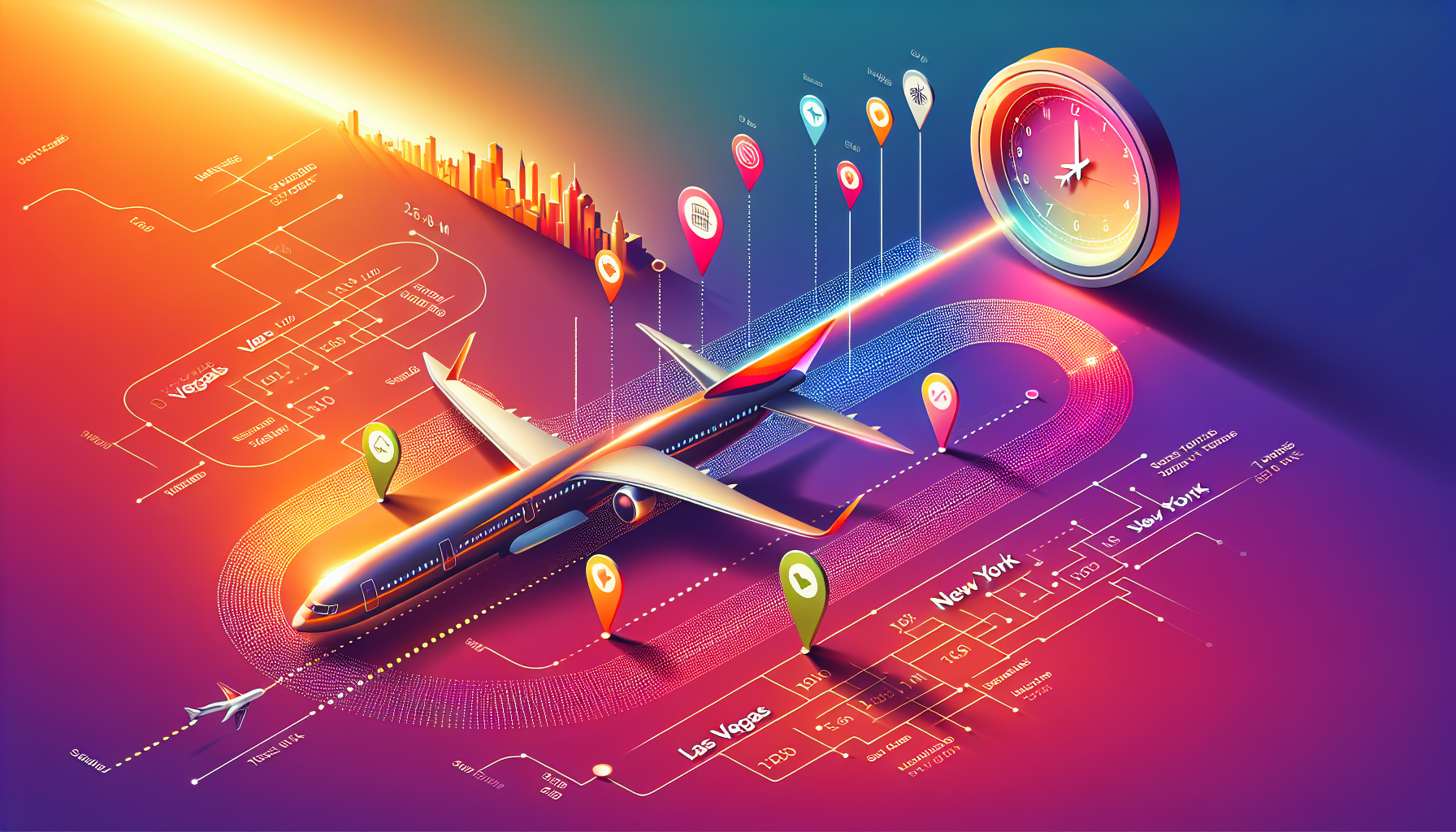 Illustration showing the typical flight duration from Las Vegas to New York, highlighting the approximate flying time of 5 hours.