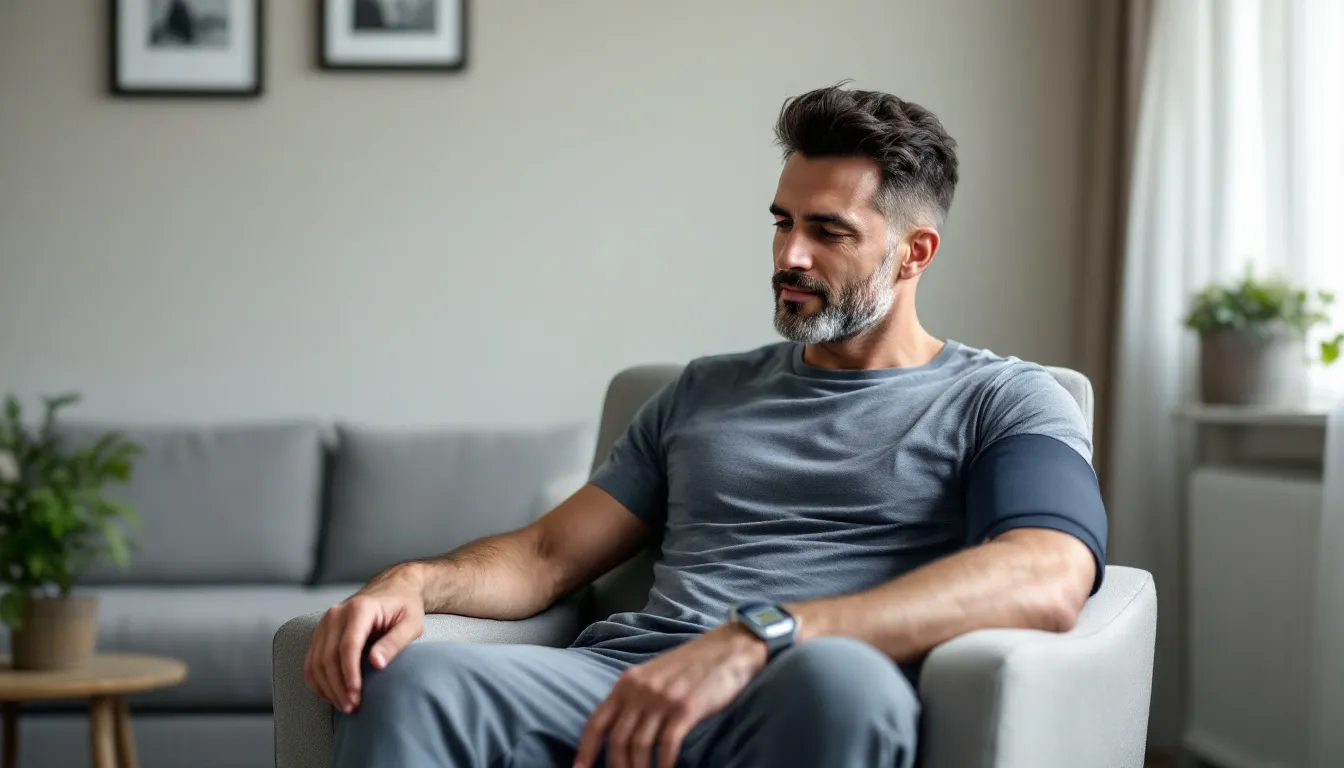 A person is using a home blood pressure monitor to check their blood pressure levels, focusing on both systolic and diastolic measurements. This practice is essential for managing high blood pressure and maintaining healthy blood pressure levels to prevent serious health problems like heart disease.