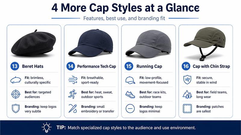 cap styles infographic showing beret hats performance tech cap running cap and cap with chin strap with fit and branding notes