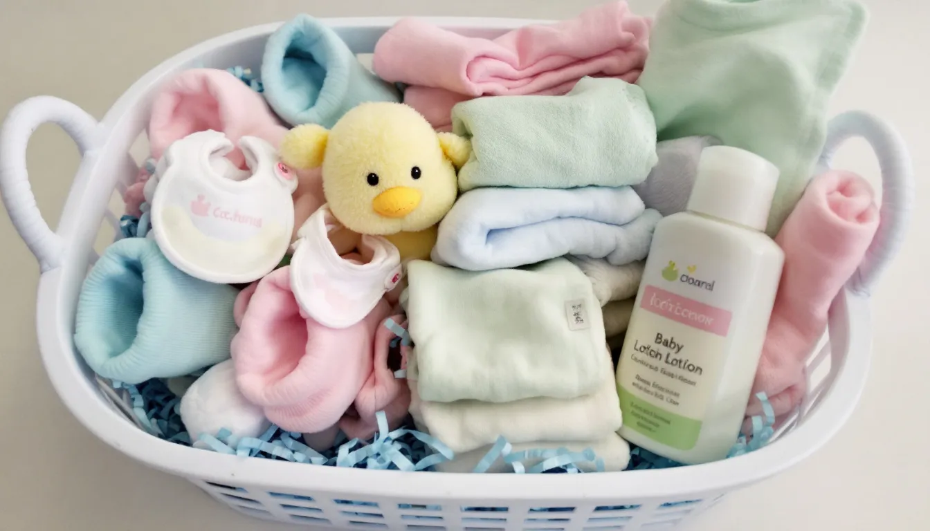 A cute baby shower gift basket features soft pastel colors and is filled with baby socks, bibs, a small stuffed toy, and baby lotion, all beautifully arranged in a white laundry basket lined with blue shredded paper, making it a thoughtful and memorable gift basket idea.
