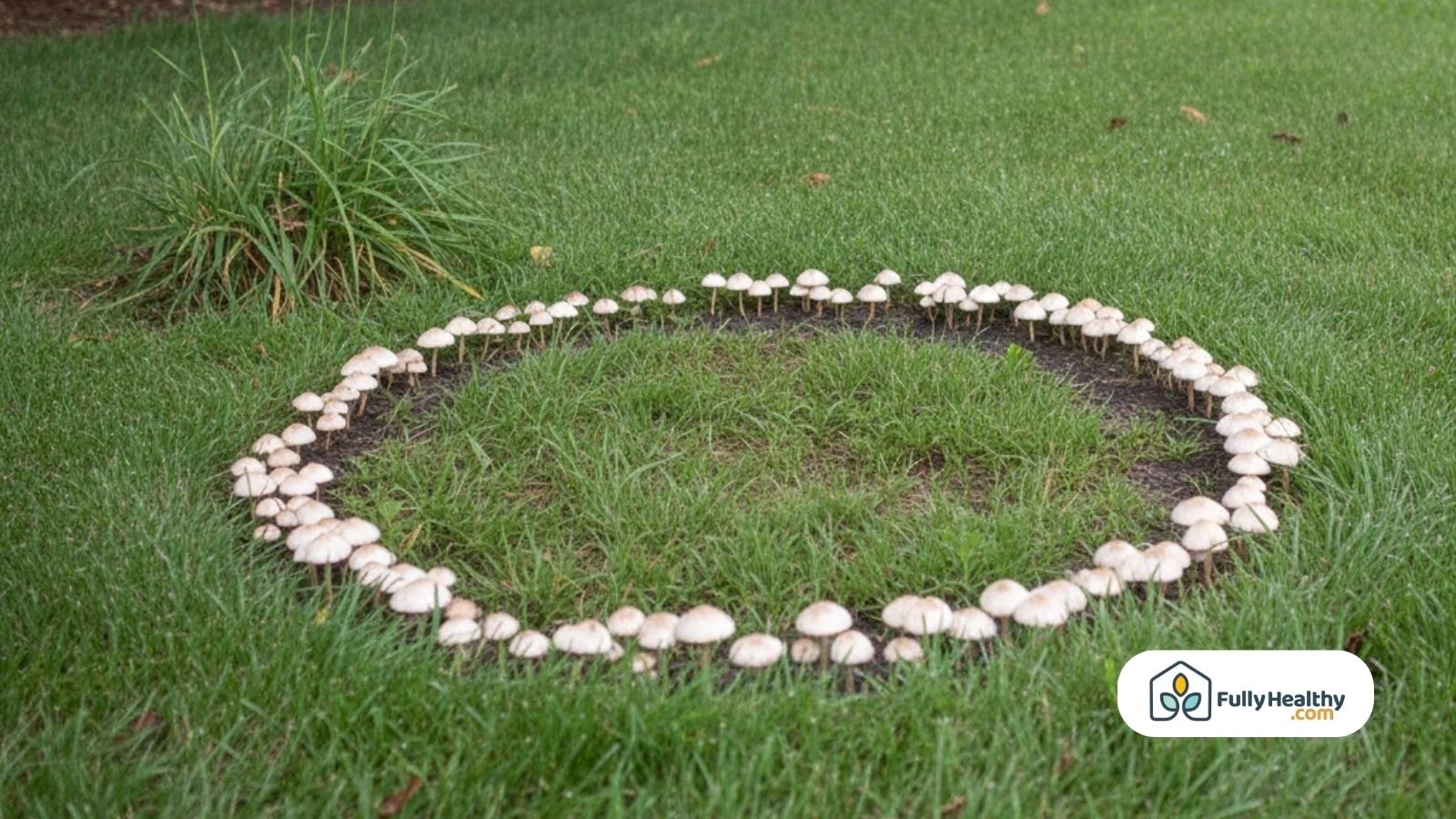Large fairy ring of mushrooms forming circle on green lawn grass