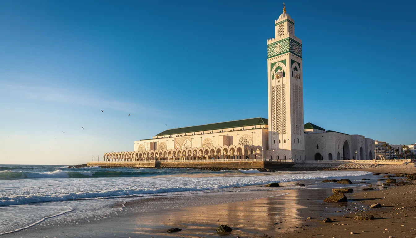 The image features the majestic Hassan II Mosque, showcasing its towering minaret set against a clear blue sky, with the Atlantic Ocean gently lapping at its base. This grand mosque is a stunning representation of Morocco's rich Islamic heritage and history, making it a must-see destination for travelers exploring the country's vibrant culture.