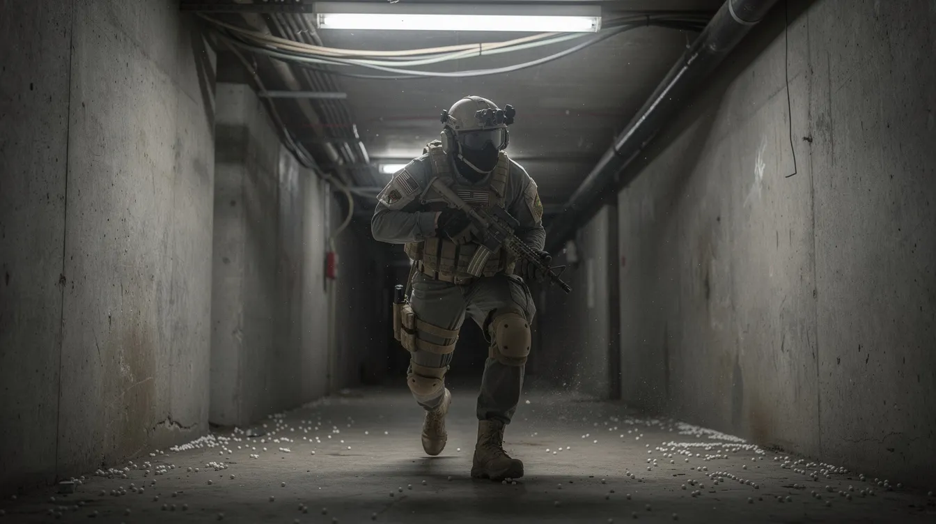 An airsoft player dressed in full tactical gear cautiously navigates a dimly lit indoor corridor with concrete walls, embodying the principles of close quarters combat (CQC) as they prepare for potential threats in this confined space. The scene highlights the importance of team coordination and movement techniques essential for effective room clearing in tactical operations.