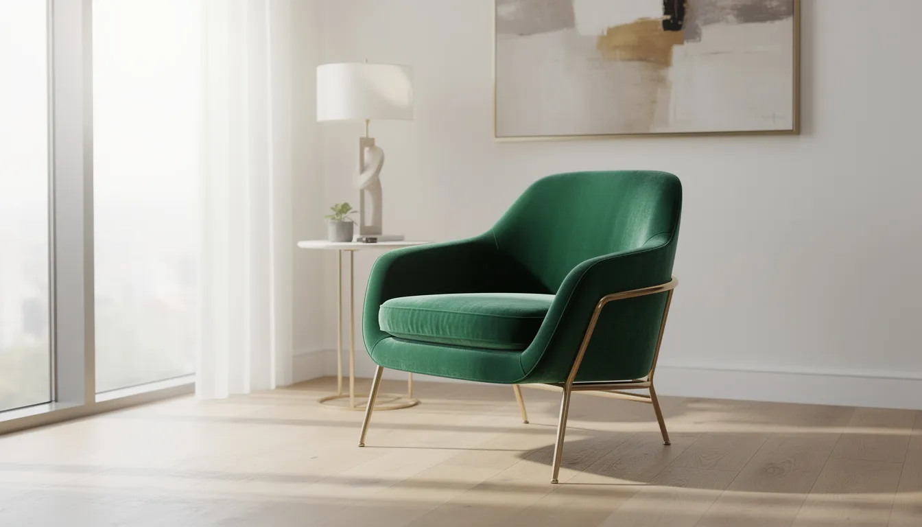Een chique gouden accentstoel met fluwelen bekleding in smaragdgroen staat in een moderne woonkamer, waardoor het een uitnodigende sfeer creëert. Deze stoel tilt de uitstraling van de ruimte naar een hoger niveau en is een perfecte match voor verschillende stijlen.