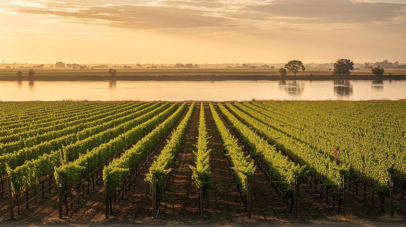 The image depicts flat vineyard rows stretching toward the calm Sacramento River, bathed in golden afternoon light, showcasing the scenic beauty of Clarksburg wine country. This picturesque landscape highlights the fertile soils and ideal conditions for growing award-winning wines like Chenin Blanc and Zinfandel.