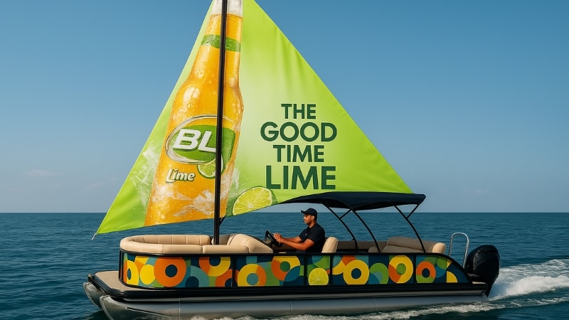 Pontoon boat wrapped in patterned vinyl for advertisement