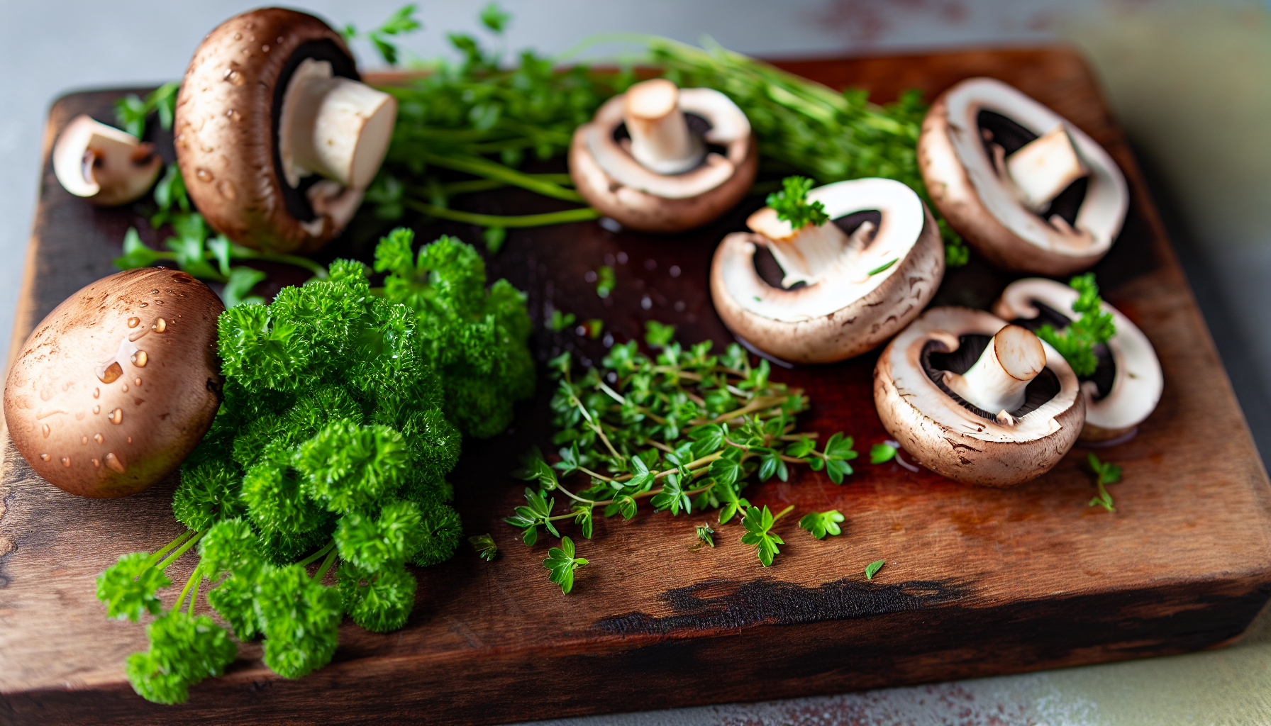 Assortment of fresh herbs and sliced mushrooms