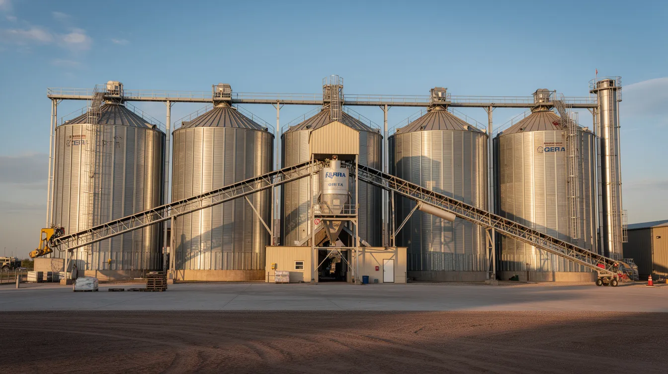 3f227ae6 3862 44b9 b16c 5d8c52e67e72 The image depicts a large industrial facility featuring metallic grain silos and extensive conveyor systems within an agricultural processing yard, which is indicative of a pulse processing plant. The setup is designed for high capacity operations, ensuring consistent production quality and efficient processing of various seeds and grains.