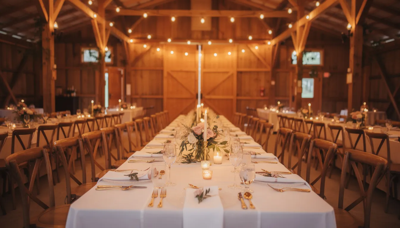 Biały garnitur na ślub – dla kogo, kiedy i jak go wystylizować? 14 Na zdjęciu widać rustykalne miejsce weselne w starym stodole, z drewnianymi belkami i ozdobnymi lampkami. Eleganckie ustawienie stołów z detalami, które podkreślają wyjątkowy charakter ślubu, tworzy romantyczną atmosferę idealną dla pary młodej.