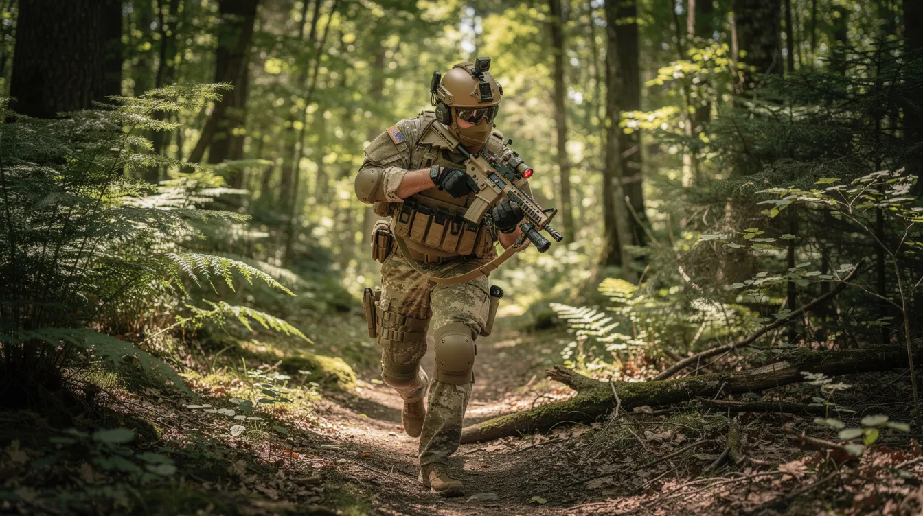 A player dressed in a full tactical airsoft loadout, featuring durable camo clothing and accessories, is maneuvering through dense woodland terrain. The airsoft gear includes a tactical vest and various items designed for optimal performance in field conditions.