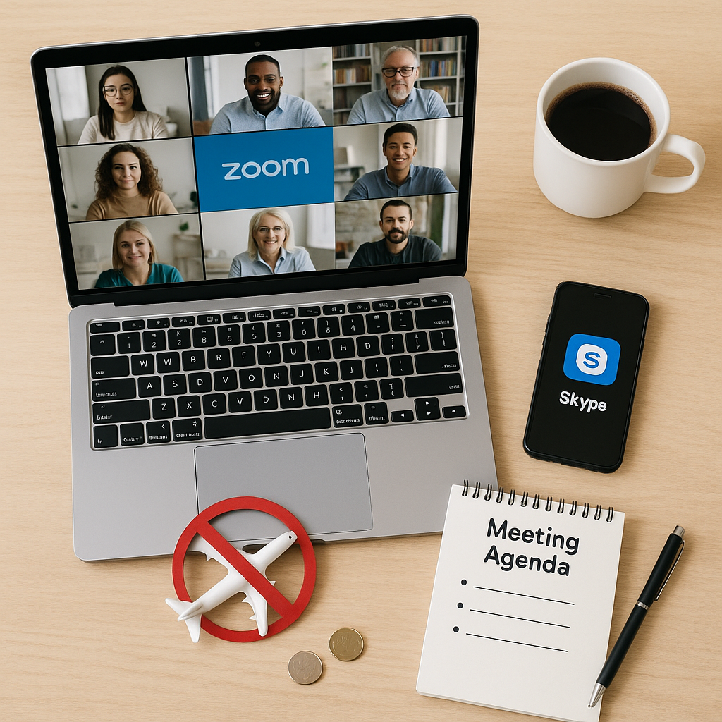 Overhead of laptop video call, smartphone with Skype icon, crossed-out airplane, and meeting agenda illustrating cost optimization by leverage technology to reduce travel costs.