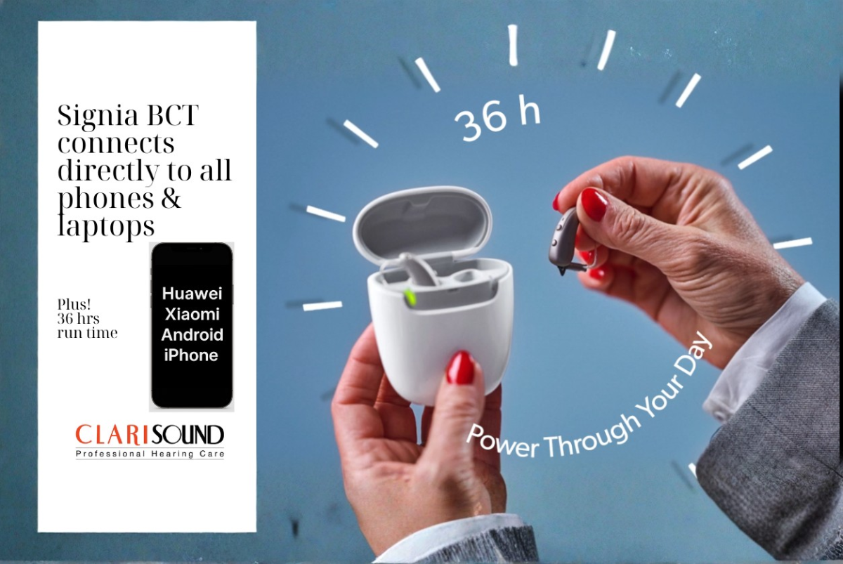 Rechargeable Bluetooth hearing aid with portable charging case, demonstrating direct connectivity with smartphones, tablets and laptops for seamless communication and everyday listening