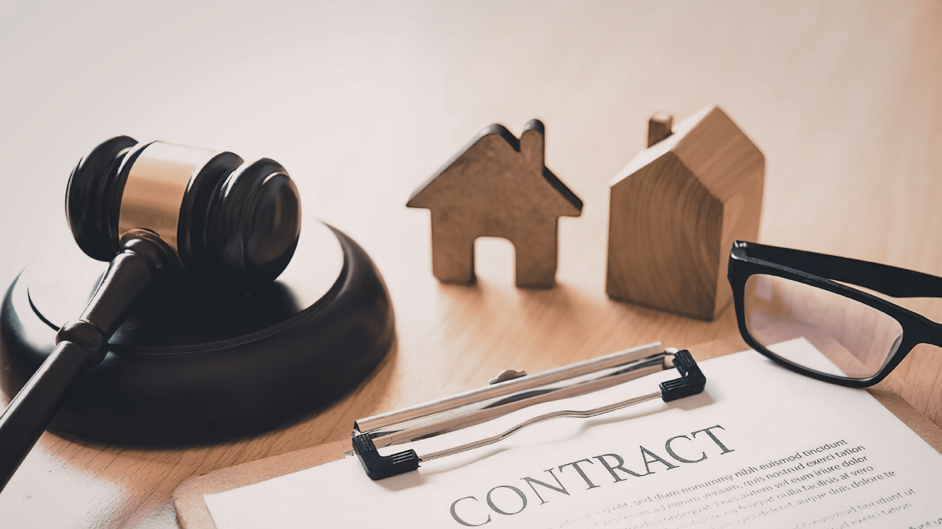 Contract, gavel, and housing models showing housing based legal considerations and how property owners avoid fines through proper compliance.
