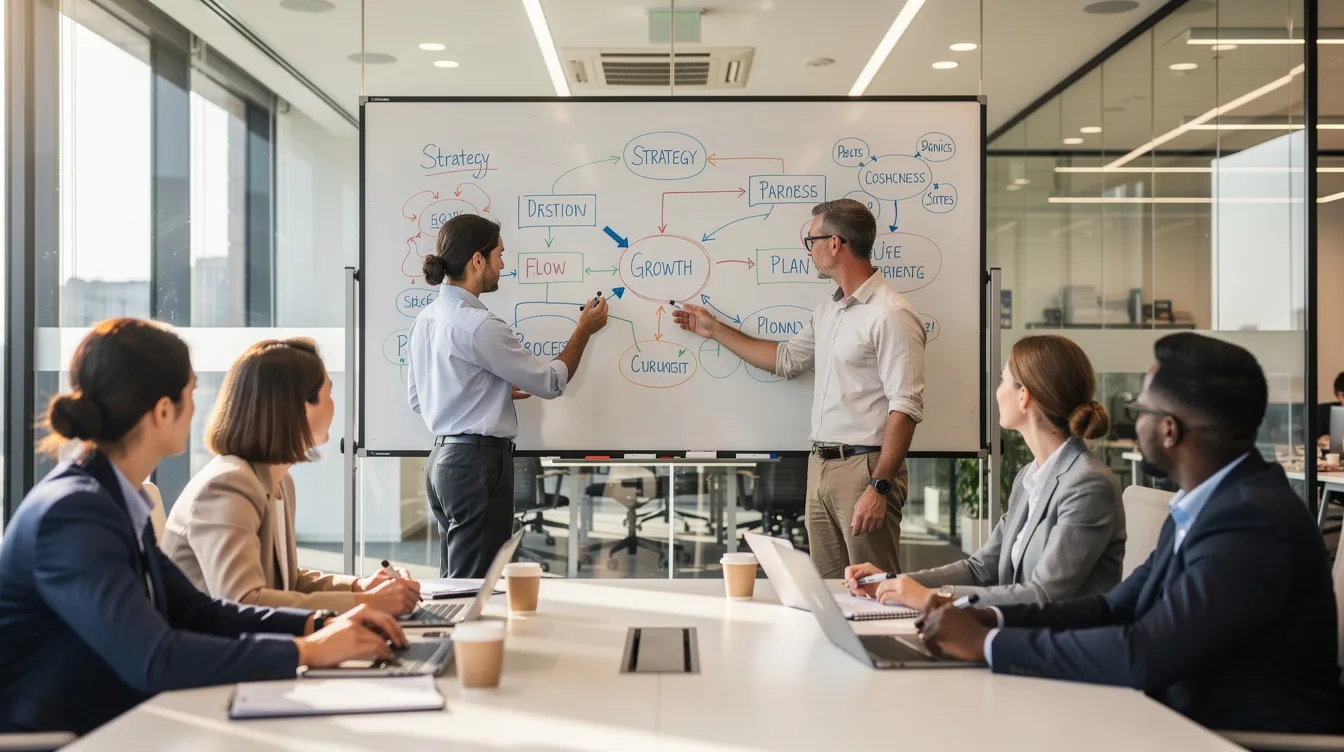 Na obrazie widać grupę ludzi uczestniczących w warsztatach biznesowych, którzy rysują diagramy na białej tablicy. Uczestnicy pracują nad procesami biznesowymi, co może być związane z wdrożeniem systemu ERP, który wspiera zarządzanie zasobami przedsiębiorstwa.