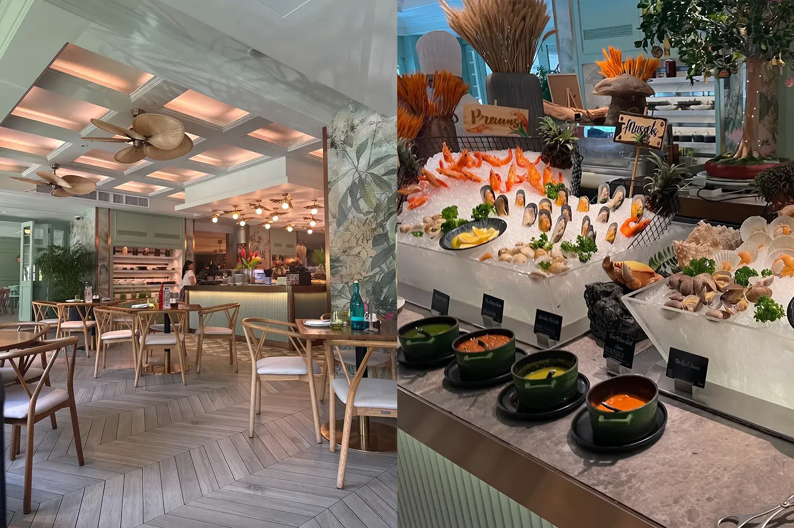 Split-screen image showing a bright restaurant dining room with light wood chairs and coffered ceiling on the left, and a buffet line featuring fresh seafood on ice alongside small sauce pots on the right.