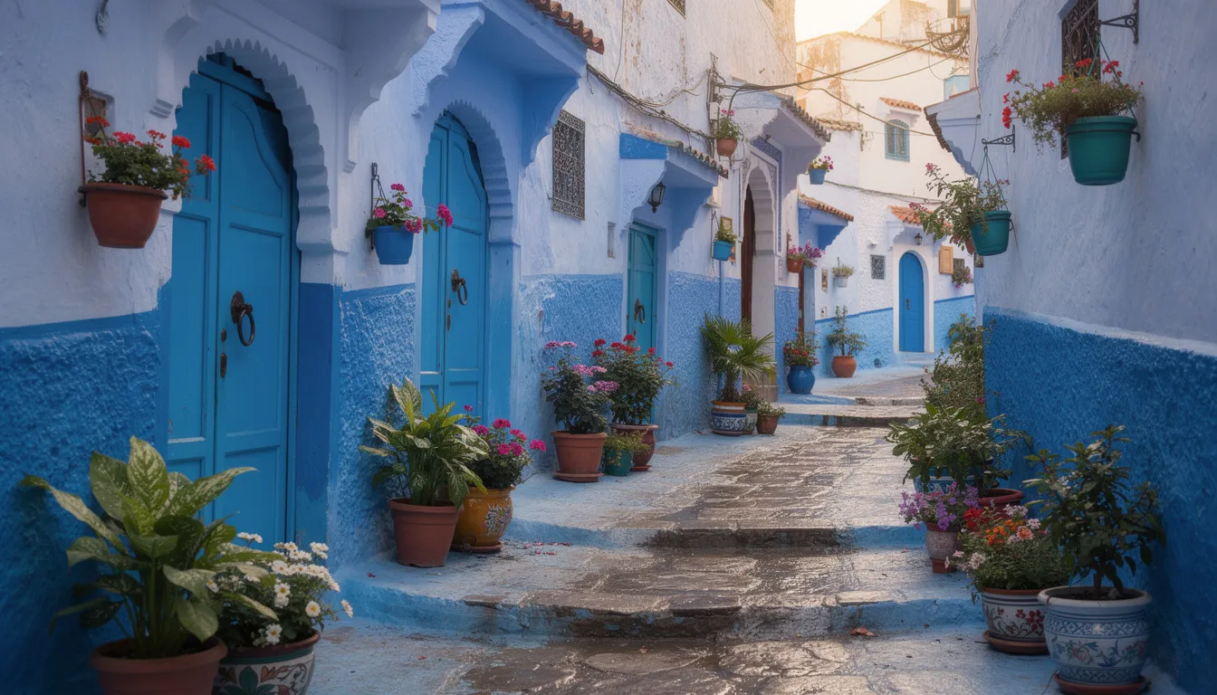 The image showcases the charming blue-painted streets and doorways of Chefchaouen, adorned with vibrant potted plants, creating a picturesque scene that reflects the unique culture and history of Morocco. This enchanting city, nestled near the Atlas Mountains, is a perfect destination for travelers looking to explore its stunning architecture and local traditions.