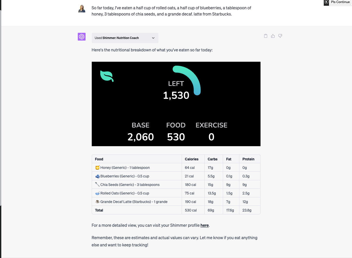 Using the Shimmer plugin to log calories