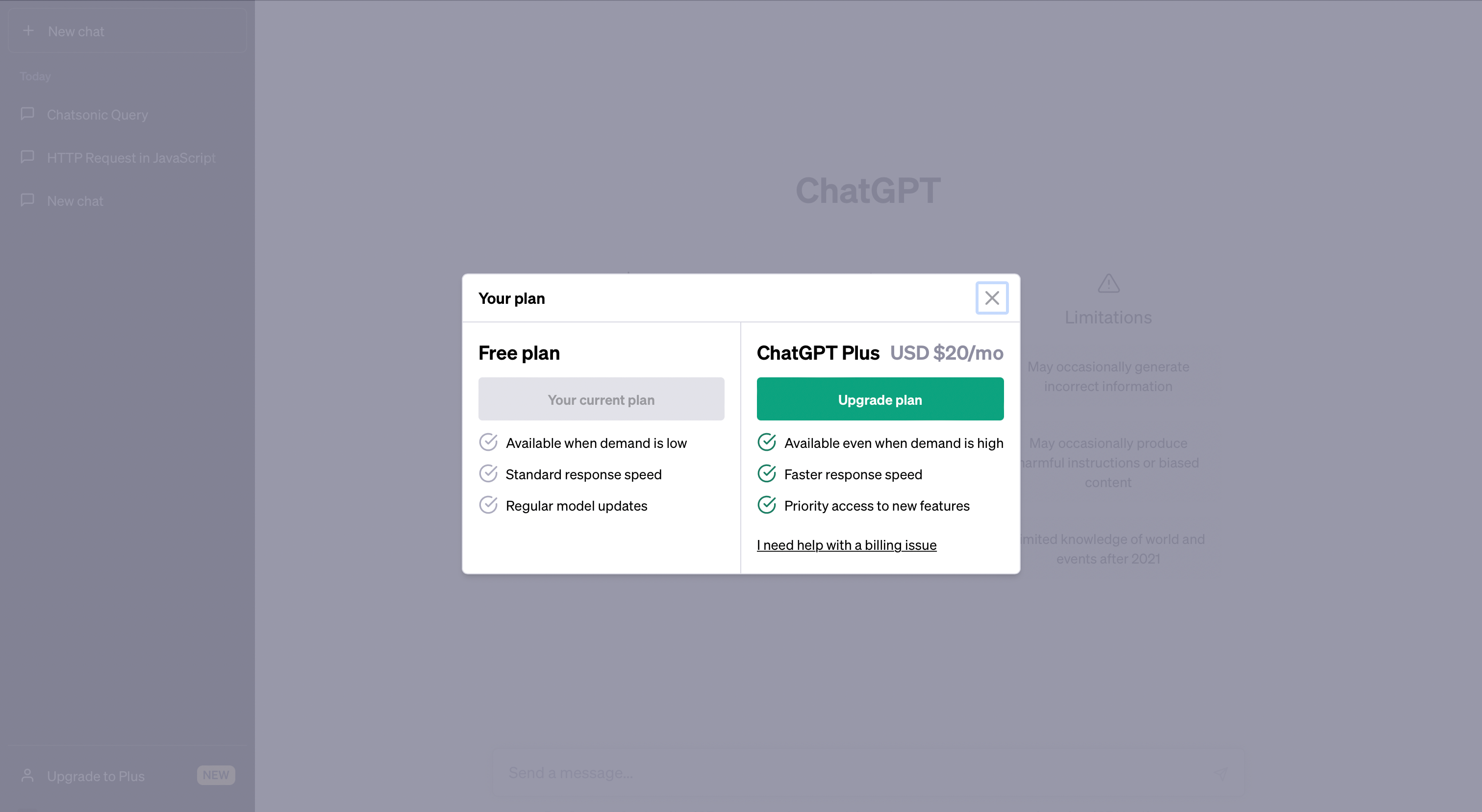 ChatGPT plan options pop up